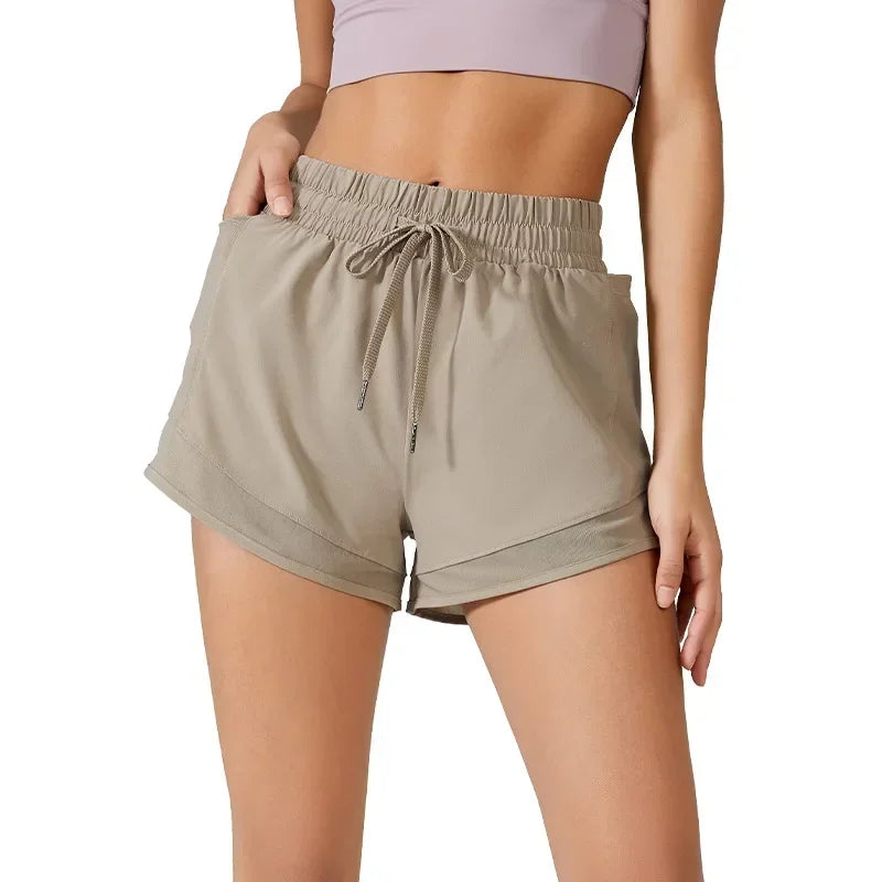 High Waisted Jogger Shorts for Women with Tummy Control Drawstring Two-piece Design Fitness Running Shorts with Pockets