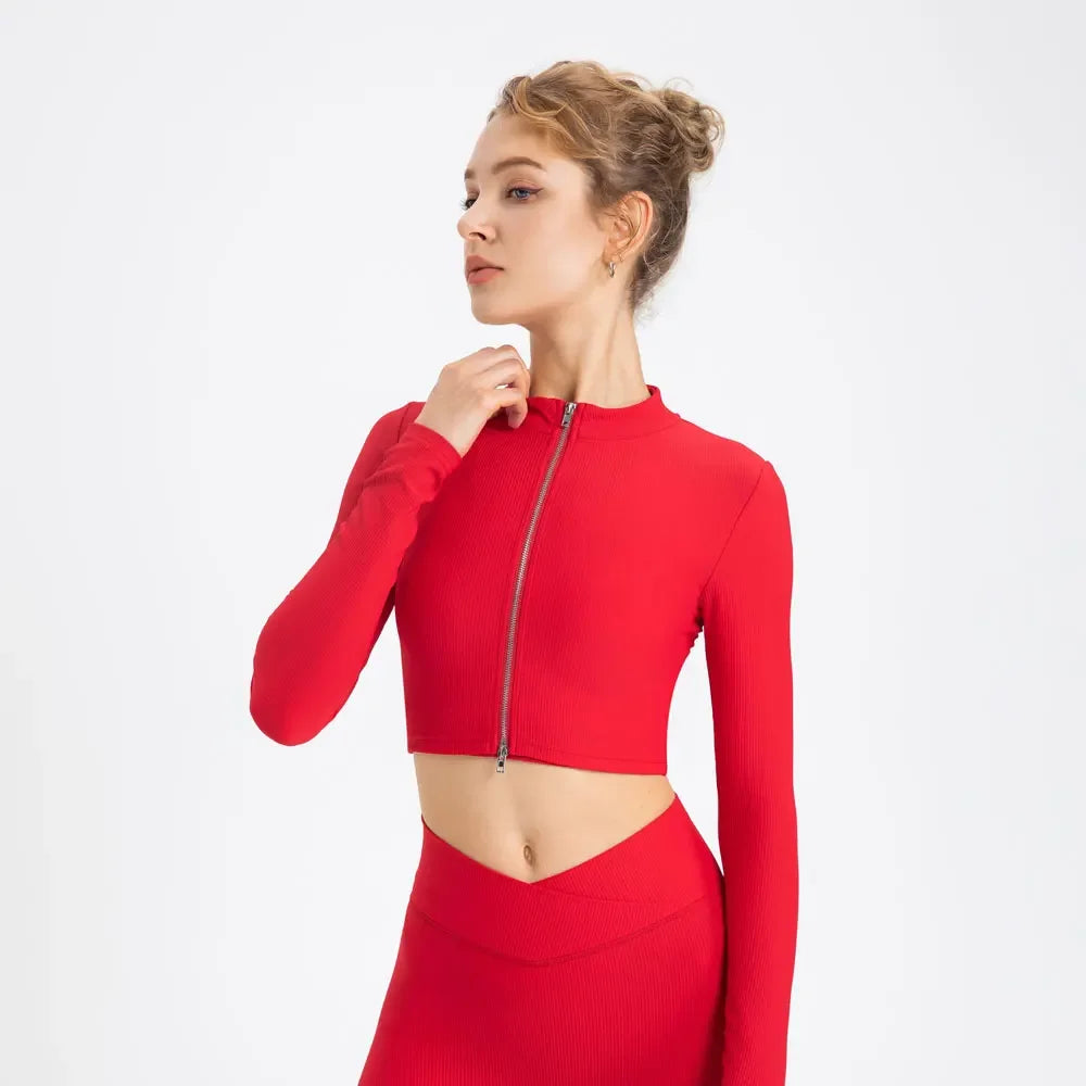 Chaqueta deportiva de entrenamiento de yoga de secado rápido, de manga larga, con cremallera, elástica de lycra acanalada, para mujer