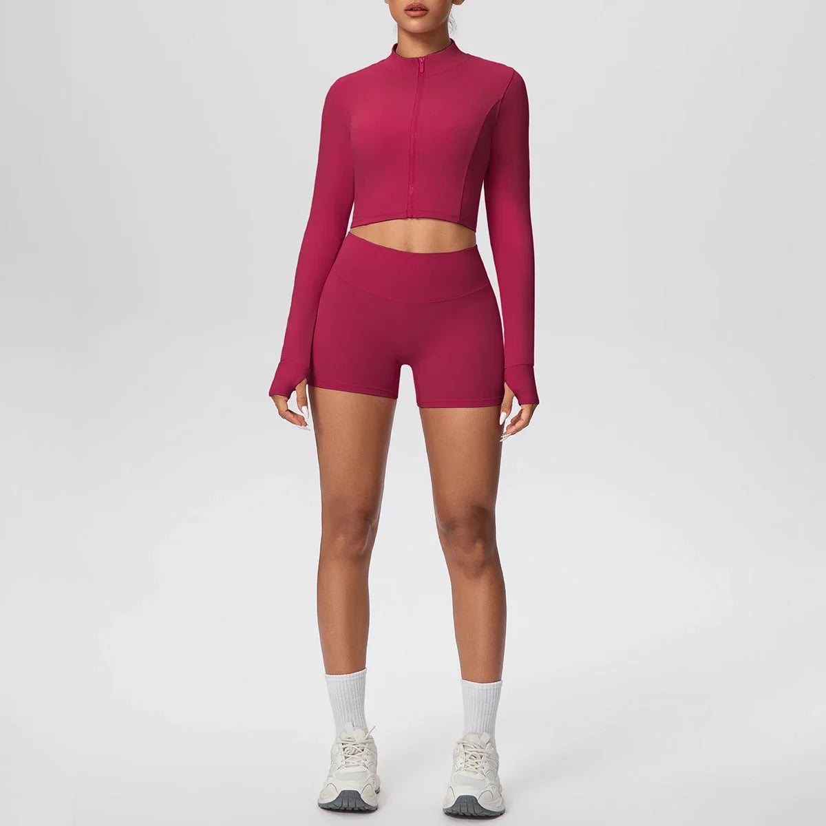 2Pieces Fitness Yoga Set Thumbhole Long Sleeve Top & Gym Shorts, Zipper Activewear for Women Yoga, Running, Workout Training