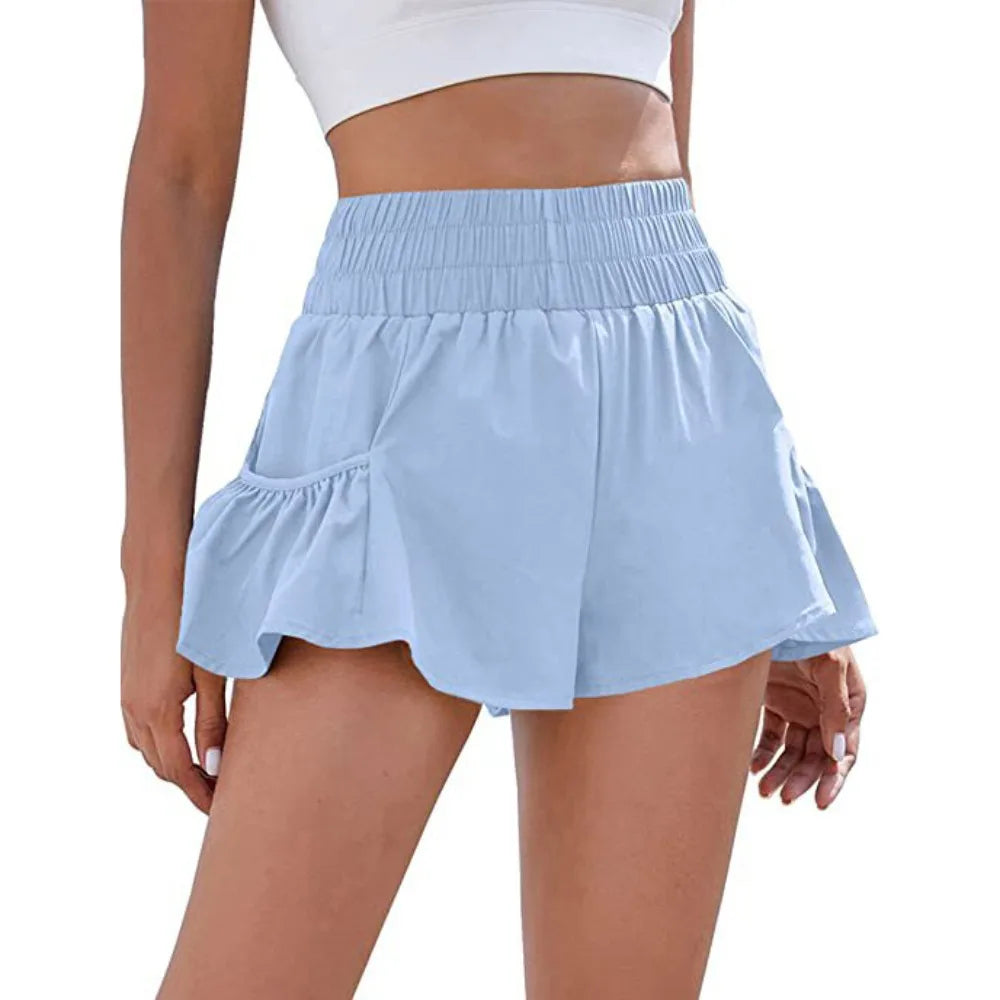 Pantalones cortos deportivos de mujer de cintura alta para correr, para gimnasio, de secado rápido, fluidos, con bolsillos