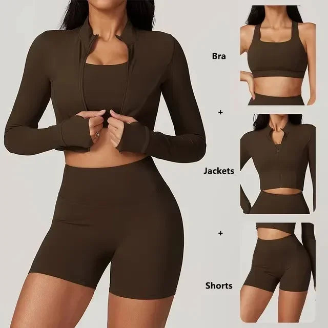 Conjunto de yoga 3 piezas traje deportivo para mujer ropa de yoga de secado rápido chaquetas de gimnasia ropa deportiva para mujer chaquetas de running conjunto para mujer