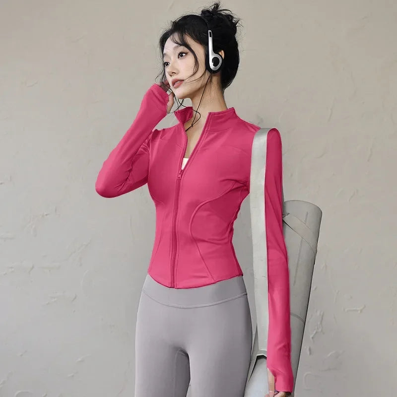 Chaqueta deportiva de secado rápido para mujer, ropa de yoga y ejercicio ajustada, cárdigan con cremallera de manga larga, ropa de fitness para correr