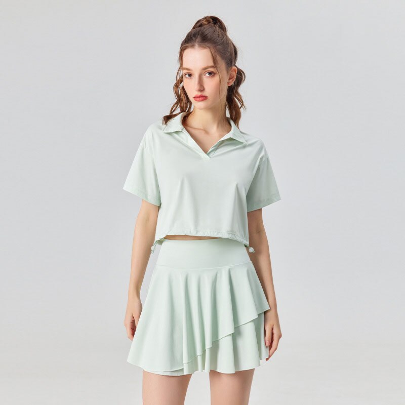 Conjunto de camisa de manga corta y falda UPF 50+ para exteriores y tenis, 2 piezas, sensación fresca, conjuntos de golf y yoga para mujer con cuello polo, a la moda
