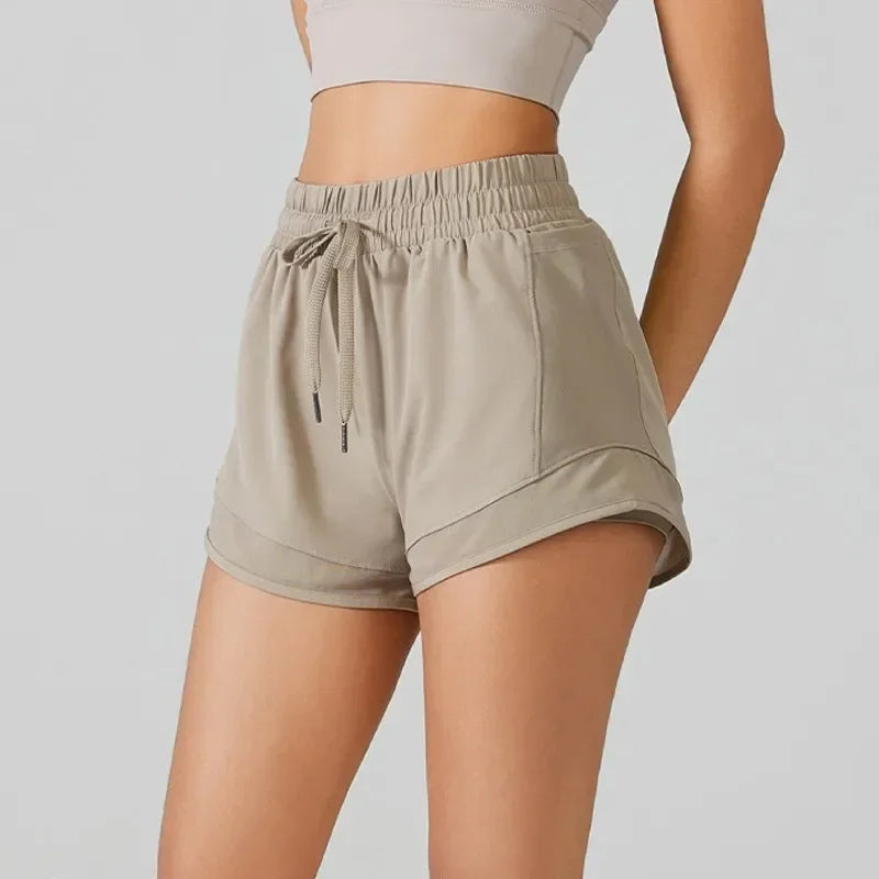 High Waisted Yoga Shorts for Women with Tummy Control Drawstring Sporty Fitness Running Shorts Two-piece Design Pants