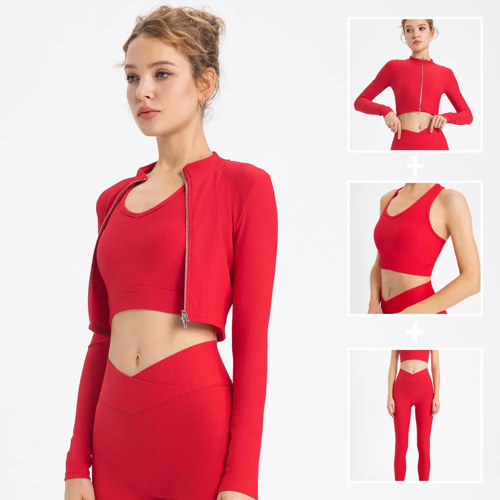 Conjunto deportivo de 3 piezas acanalado para mujer: top de yoga, chaqueta, leggings con fruncido, sujetador deportivo, ropa de gimnasio, trajes de fitness