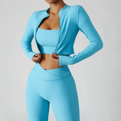 Conjunto de 3 Piezas de Chándal de Yoga para Mujer, Ropa Deportiva de Entrenamiento para Gimnasio, Top Corto de Manga Larga, Leggings de Cintura Alta, Trajes Deportivos