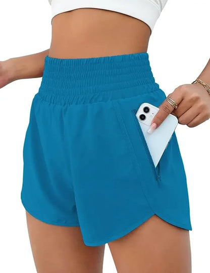 Women High Waist Sport Shorts Elastic Waistband with Side Pockets Casual Fitness Jogging Training Bottoms for Outdoor Activities