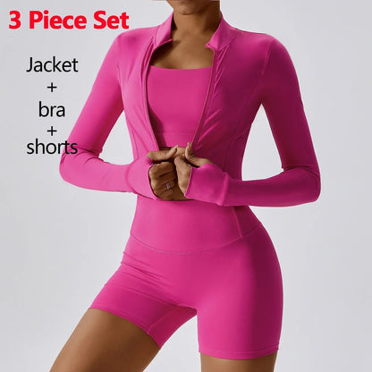 Conjunto de 3 piezas de ropa deportiva para mujer: Top de yoga, chaqueta, pantalones, leggings, sujetador deportivo, shorts ajustados, ropa de gimnasio, trajes de fitness
