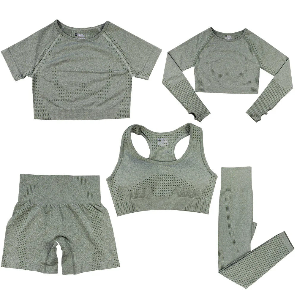 Women's 5-Piece Seamless Yoga Set, Dot Print Crop Top High Waist Leggings Long Sleeve Activewear for Gym Pilates Outdoor Fitness