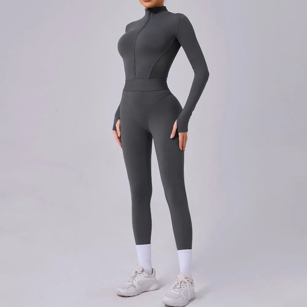 Women's Yoga Jumpsuit – Two-Side Mesh Design, Tight Elastic Waistband Thumb Hole Slim-Fit Activewear for Sports Fitness Workouts