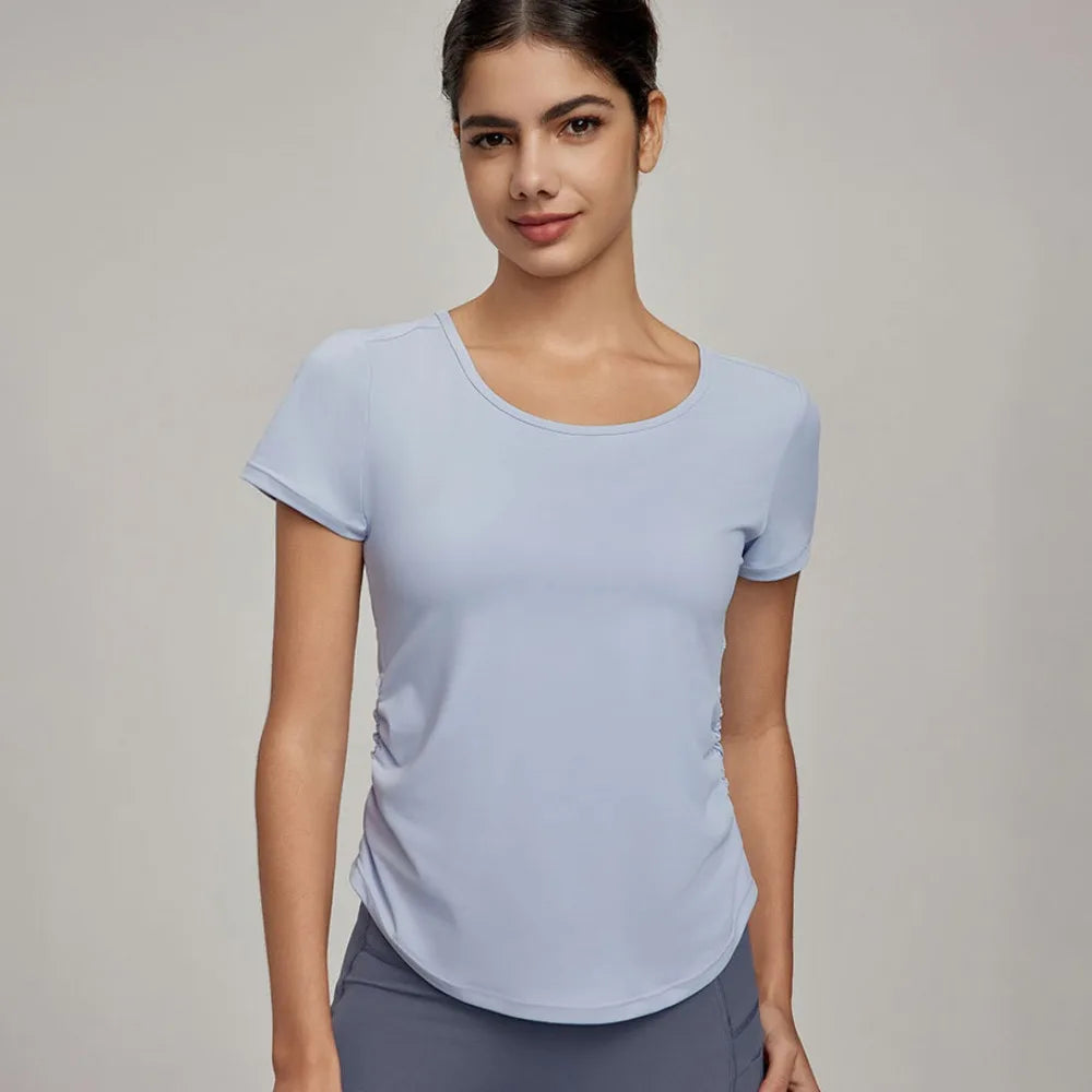 Women's Summer Ruched Waist Workout T-Shirt Mesh Panel Sports Top, Moisture-Wicking & Breathable – Yoga Gym Running Fitness Tee