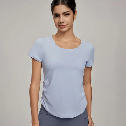 Women's Summer Ruched Waist Workout T-Shirt Mesh Panel Sports Top, Moisture-Wicking & Breathable – Yoga Gym Running Fitness Tee