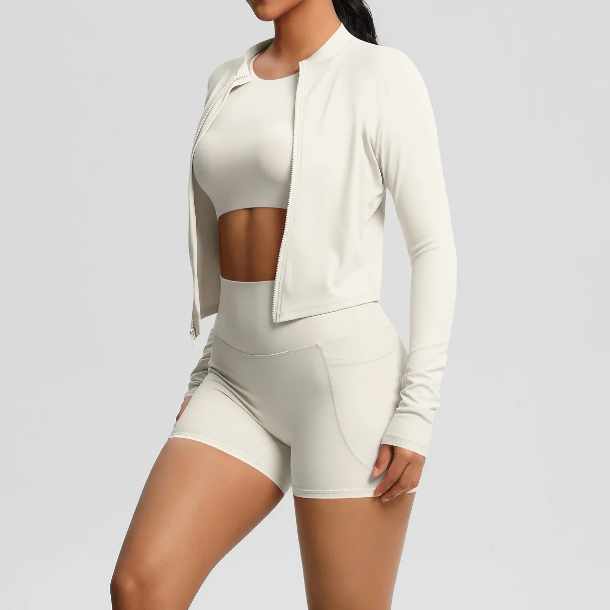 Nude Brushed Yoga Three-Piece Set – Long-Sleeved Sports Jacket, Casual Pocket Shorts & Hip-Lifting Design, for Running Fitness