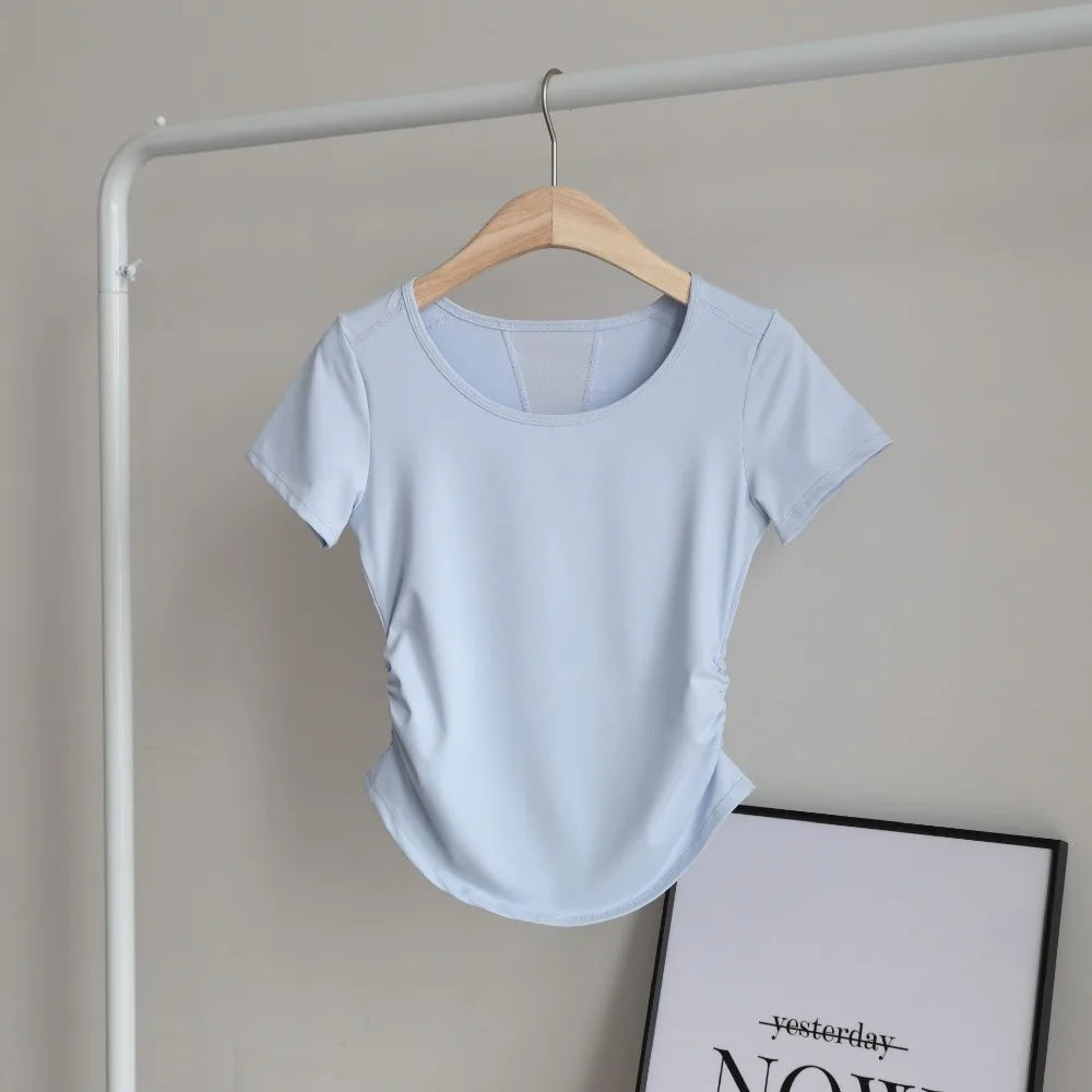 Women's Summer Ruched Waist Workout T-Shirt Mesh Panel Sports Top, Moisture-Wicking & Breathable – Yoga Gym Running Fitness Tee