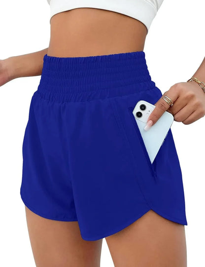 Women High Waist Sport Shorts Elastic Waistband with Side Pockets Casual Fitness Jogging Training Bottoms for Outdoor Activities