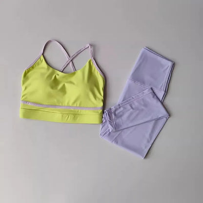 Conjunto Racerback Color Block para Mujer – Sujetador Deportivo Sin Costuras + Leggings de Yoga de Secado Rápido – Ropa Deportiva para Correr, Ciclismo y Fitness