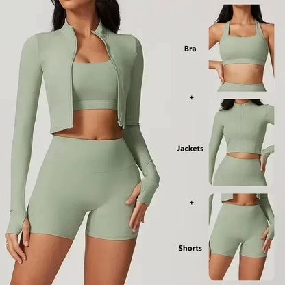 Conjunto de yoga de 3 piezas para mujer, atuendo de entrenamiento con tela "sensación desnuda" con sujetador, chaqueta y pantalones cortos para fitness, gimnasio, pilates y ropa deportiva al aire libre