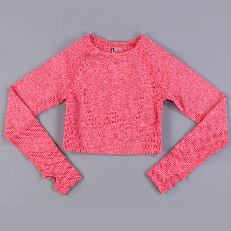 Seamless Knitting Yoga Shirt for Women Fitness Gym Shirt Breathable with Thumb Hole Workout Exercise Long Sleeved Woman Outfit
