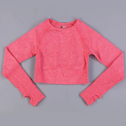 Seamless Knitting Yoga Shirt for Women Fitness Gym Shirt Breathable with Thumb Hole Workout Exercise Long Sleeved Woman Outfit