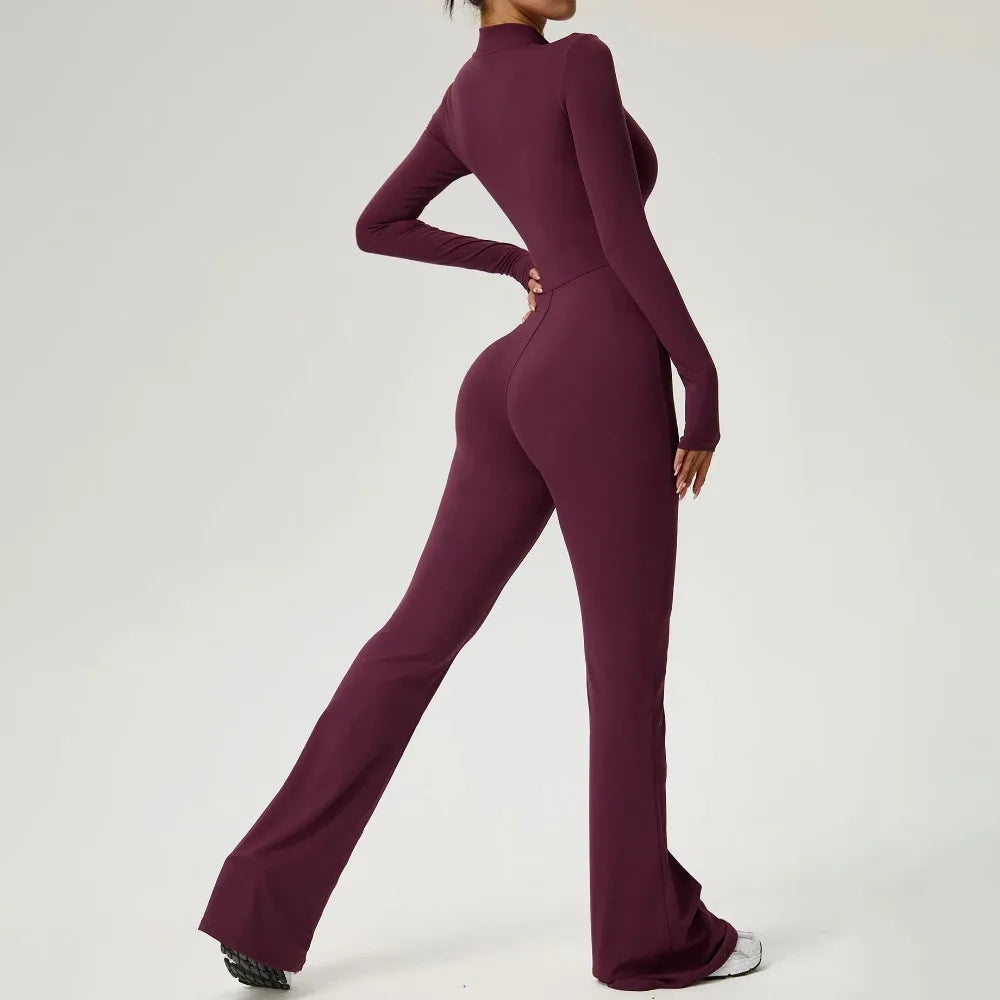 Mono con cremallera Pantalones acampanados Ropa de mujer Ropa deportiva Gimnasio Yoga Conjuntos deportivos Spandex Nylon Conjuntos de entrenamiento Chándal de mujer