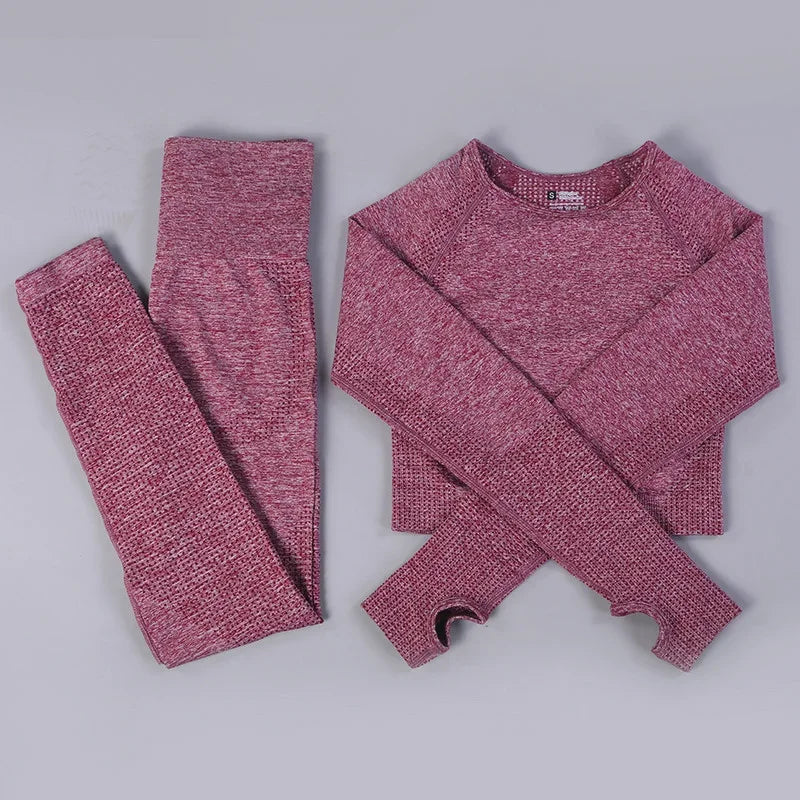 Conjunto de yoga sin costuras de leggings y top, mono de fitness, top de yoga de manga larga para mujer, ropa deportiva de gimnasio para mujer