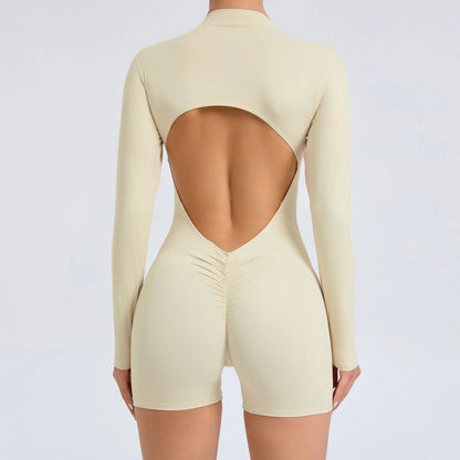 Women's V Back Scrunch Push Up Sports Jumpsuit Zipper One-Piece Fitness Rompers High Waist Bodysuits Butt Lift Training Overalls