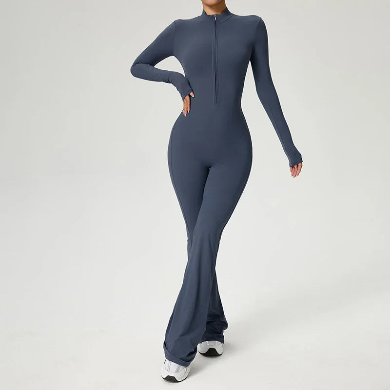 Mono con cremallera Pantalones acampanados Ropa de mujer Ropa deportiva Gimnasio Yoga Conjuntos deportivos Spandex Nylon Conjuntos de entrenamiento Chándal de mujer