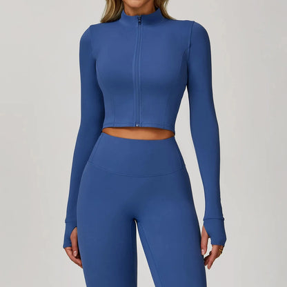 Sports Long Sleeved Women Slim Yoga Clothes Quick Dry Zipper Cardigan Stand Up Collar Jacket Running Fitness Jacket Outdoor Top