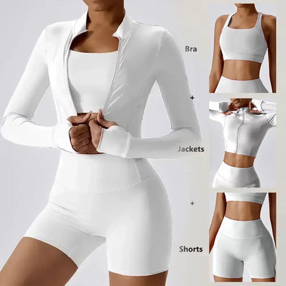 Conjunto de yoga de 3 piezas para mujer, atuendo de entrenamiento con tela "sensación desnuda" con sujetador, chaqueta y pantalones cortos para fitness, gimnasio, pilates y ropa deportiva al aire libre
