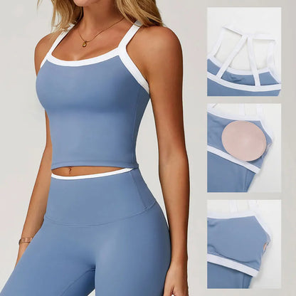 Women's Naked Feeling Gym Fitness Set - Contrast Color Crisscross Back Yoga Vest Workout Tight Shorts Outfit for Running