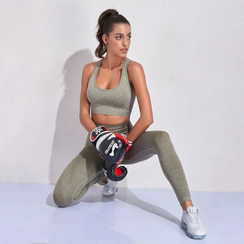 2 Piece Sets Womens Ribbed Yoga Sets Fitness Bra and Seamless High Waisted Sports Leggings Workout Clothes for Women Jogger Suit