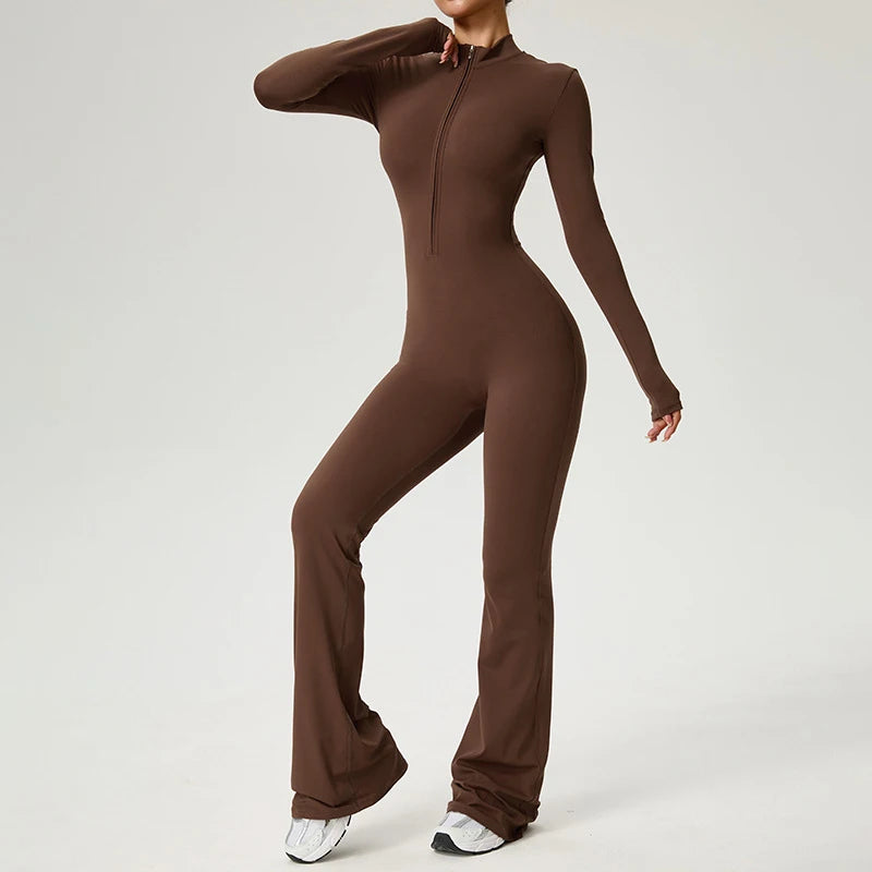 Mono con cremallera Pantalones acampanados Ropa de mujer Ropa deportiva Gimnasio Yoga Conjuntos deportivos Spandex Nylon Conjuntos de entrenamiento Chándal de mujer