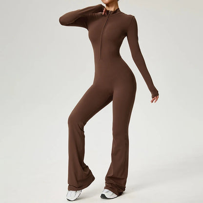 Mono con cremallera Pantalones acampanados Ropa de mujer Ropa deportiva Gimnasio Yoga Conjuntos deportivos Spandex Nylon Conjuntos de entrenamiento Chándal de mujer
