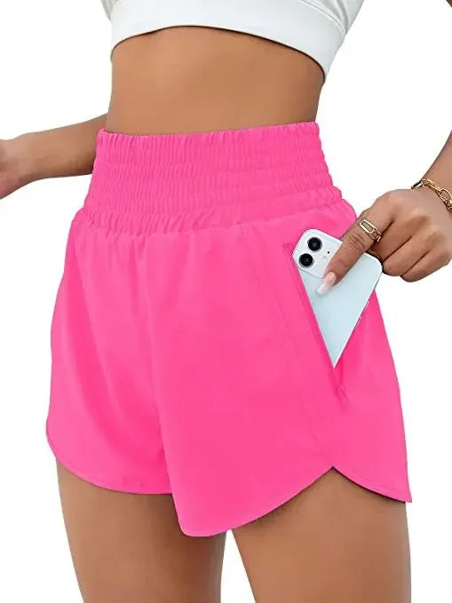 Women High Waist Sport Shorts Elastic Waistband with Side Pockets Casual Fitness Jogging Training Bottoms for Outdoor Activities