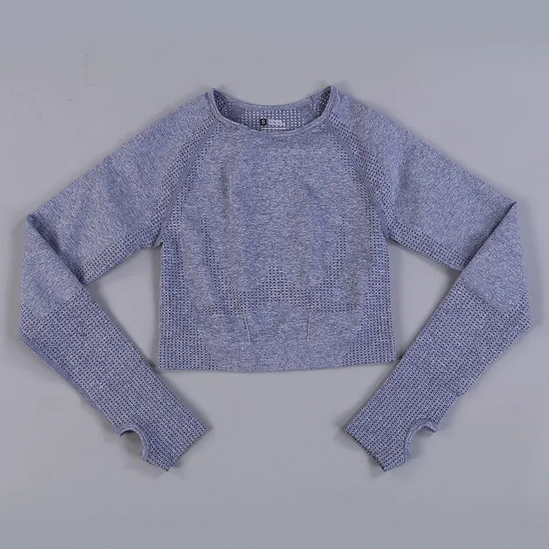 Seamless Knitting Yoga Shirt for Women Fitness Gym Shirt Breathable with Thumb Hole Workout Exercise Long Sleeved Woman Outfit