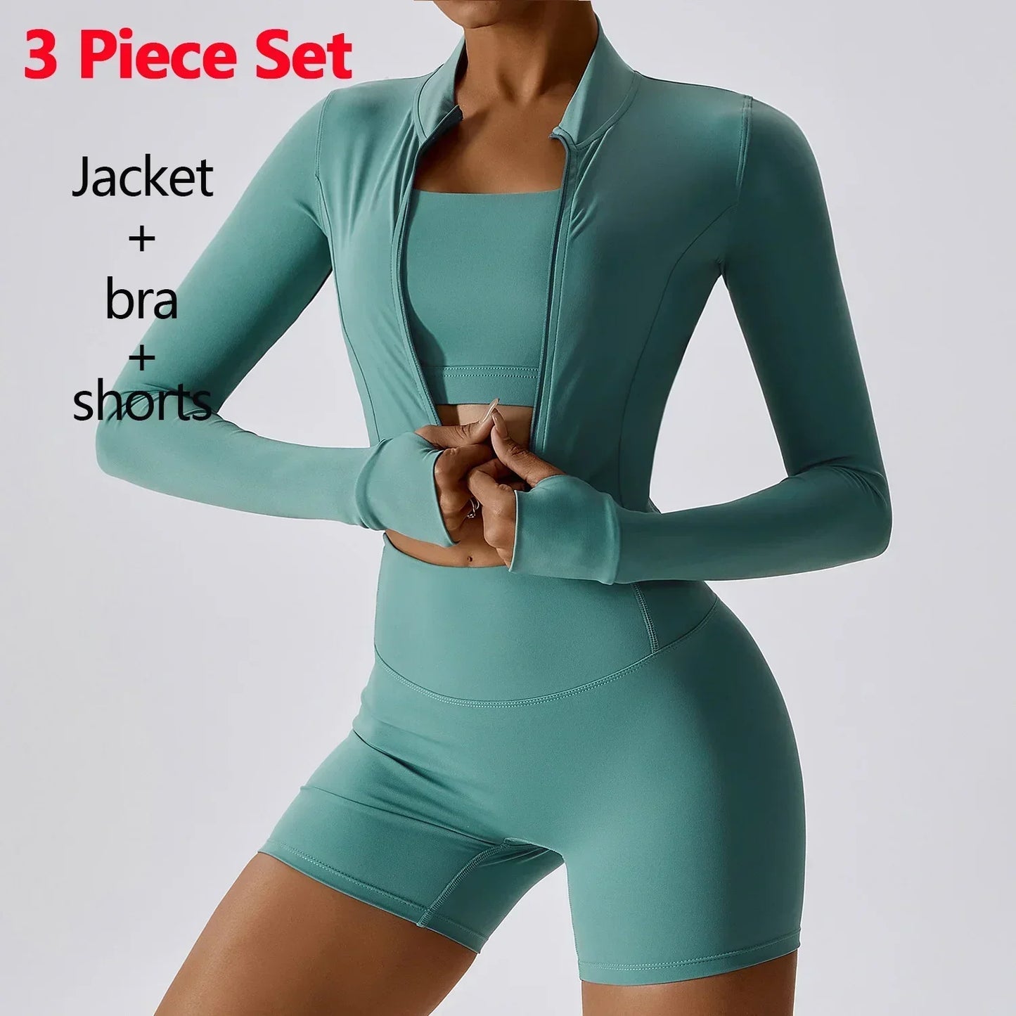 Conjunto de 3 piezas de ropa deportiva para mujer: Top de yoga, chaqueta, pantalones, leggings, sujetador deportivo, shorts ajustados, ropa de gimnasio, trajes de fitness