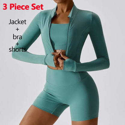 Conjunto de 3 piezas de ropa deportiva para mujer: Top de yoga, chaqueta, pantalones, leggings, sujetador deportivo, shorts ajustados, ropa de gimnasio, trajes de fitness