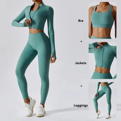 Conjunto de yoga 3 piezas traje deportivo para mujer ropa de yoga de secado rápido chaquetas de gimnasia ropa deportiva para mujer chaquetas de running conjunto para mujer