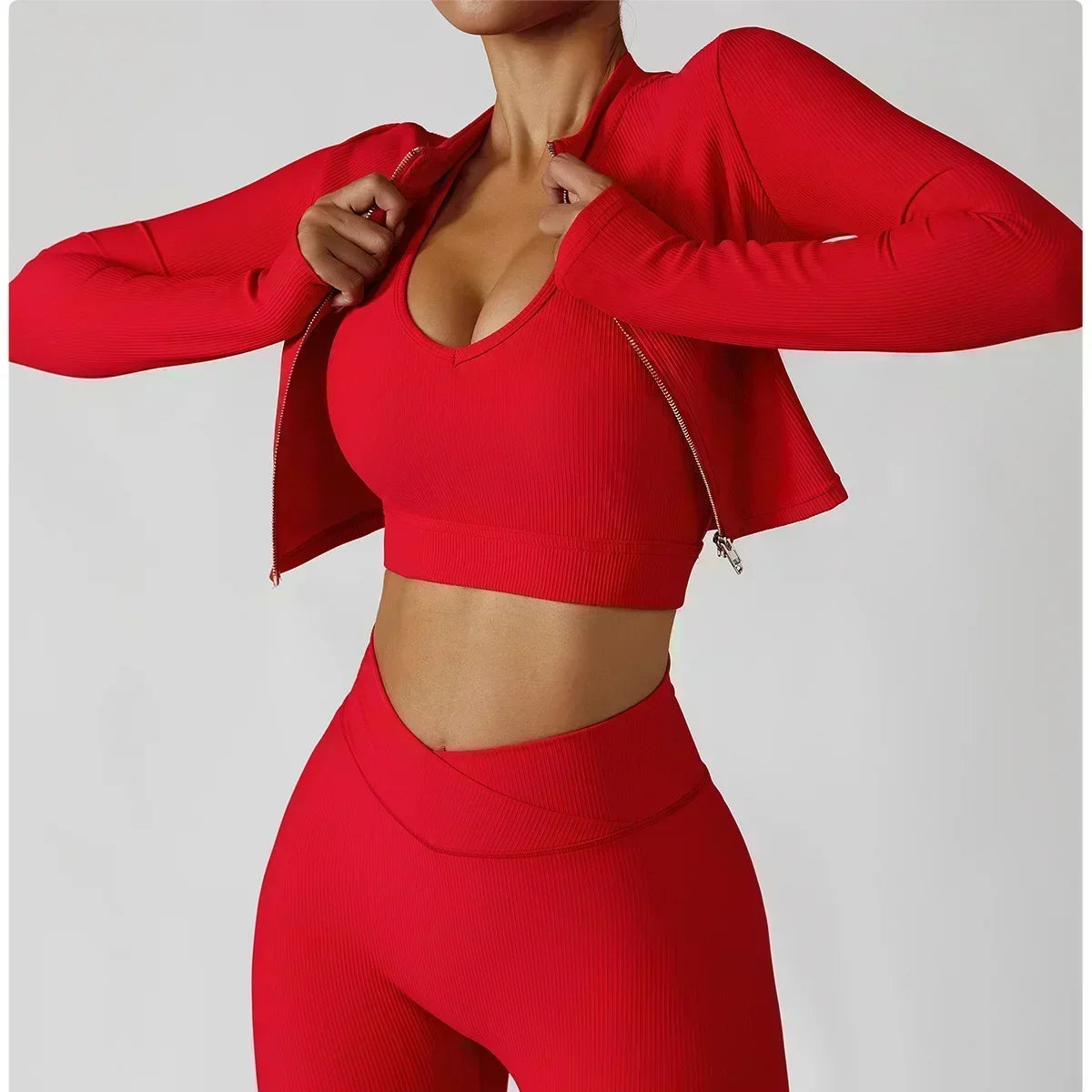 Conjunto de 3 Piezas de Chándal de Yoga para Mujer, Ropa Deportiva de Entrenamiento para Gimnasio, Top Corto de Manga Larga, Leggings de Cintura Alta, Trajes Deportivos