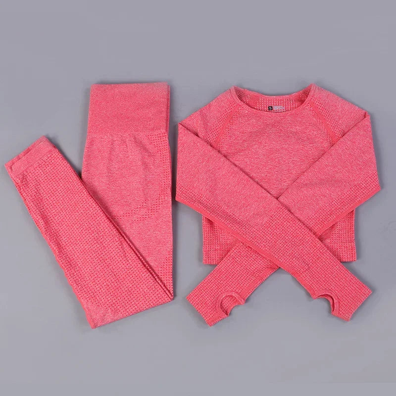 Conjunto de yoga sin costuras de leggings y top, mono de fitness, top de yoga de manga larga para mujer, ropa deportiva de gimnasio para mujer