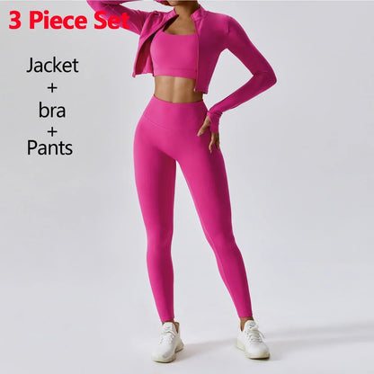 Conjunto de 3 piezas de ropa deportiva para mujer: Top de yoga, chaqueta, pantalones, leggings, sujetador deportivo, shorts ajustados, ropa de gimnasio, trajes de fitness