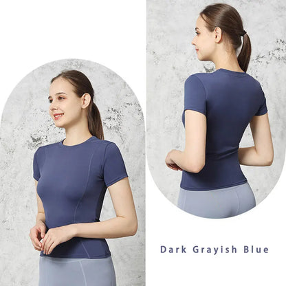 Camiseta deportiva ajustada de secado rápido, slim fit, para exteriores, de manga corta, para gimnasio, correr, ropa de yoga para mujer