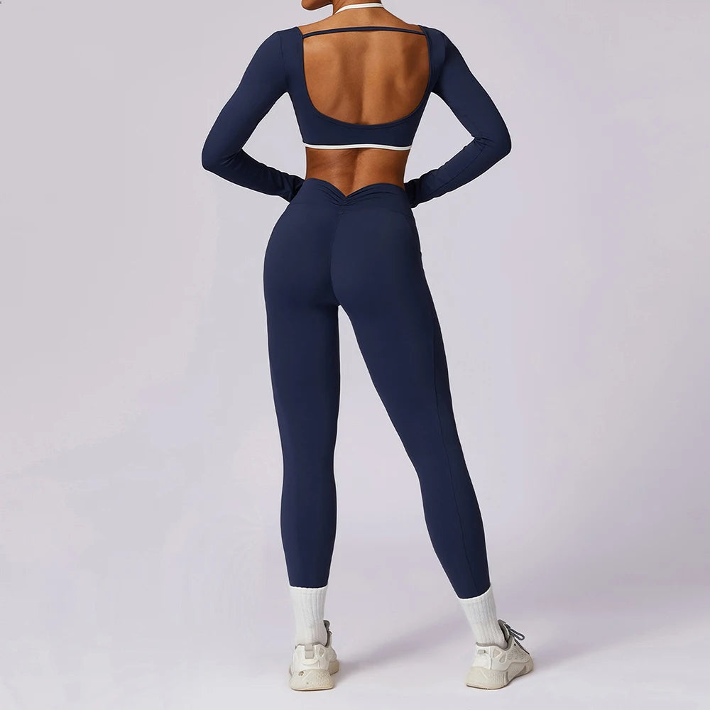 Traje de yoga de mujer con espalda hermosa y colores contrastantes, ropa deportiva ajustada para yoga, fitness y uso diario