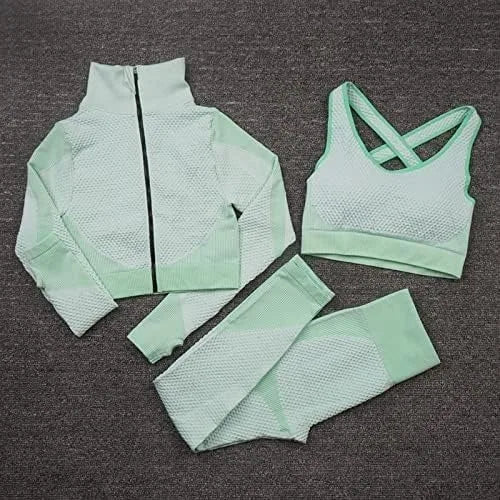 Conjunto de entrenamiento sin costuras de 3 piezas para mujer con chaqueta, sujetador y leggings, traje de yoga de tres piezas para deportes y fitness