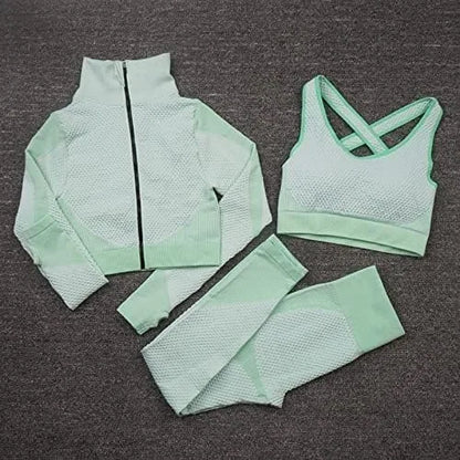 Conjunto de entrenamiento sin costuras de 3 piezas para mujer con chaqueta, sujetador y leggings, traje de yoga de tres piezas para deportes y fitness