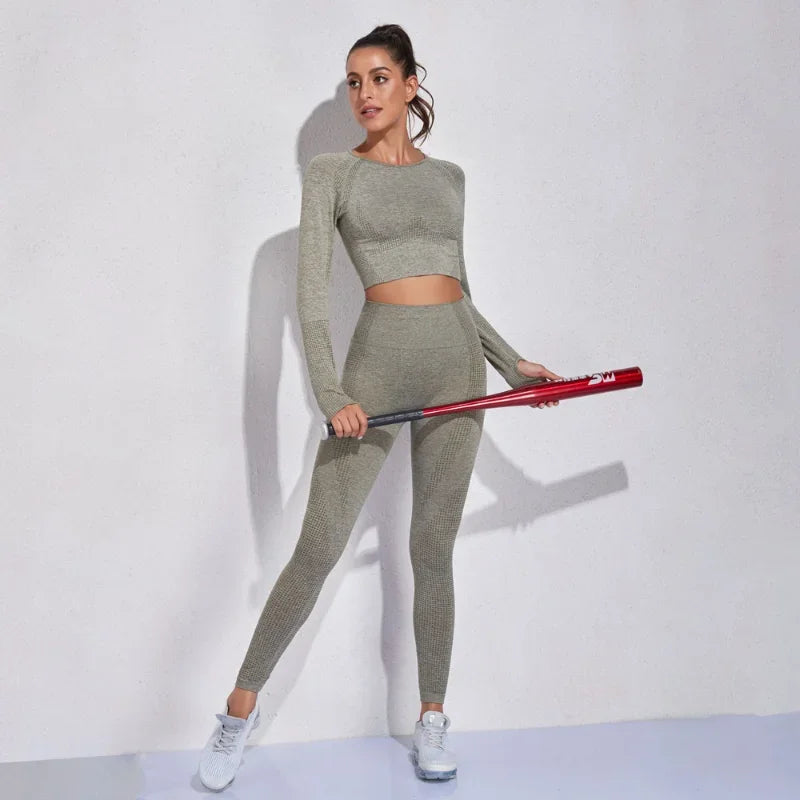 Conjunto de yoga sin costuras de leggings y top, mono de fitness, top de yoga de manga larga para mujer, ropa deportiva de gimnasio para mujer