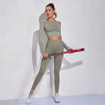 Conjunto de yoga sin costuras de leggings y top, mono de fitness, top de yoga de manga larga para mujer, ropa deportiva de gimnasio para mujer