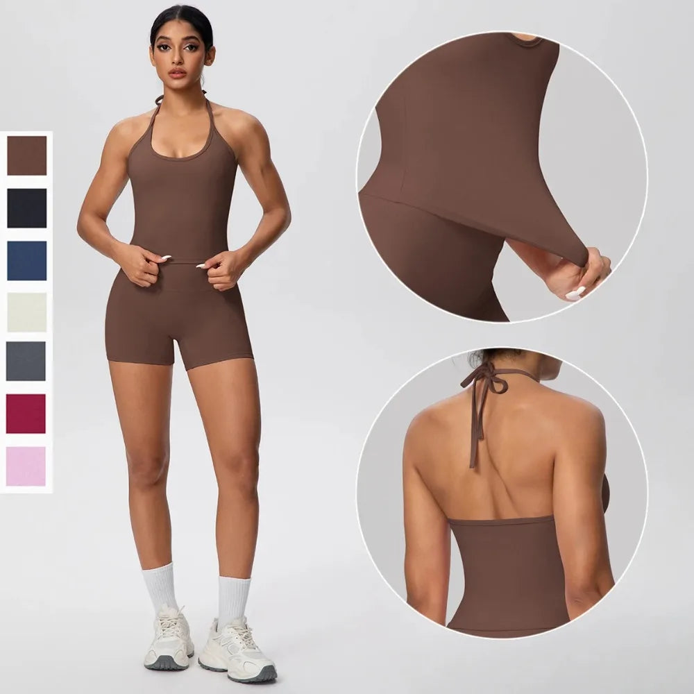 Conjunto de yoga para gimnasio de 2 piezas para mujer, chaleco sin espalda con tirantes en el cuello, tirantes finos en los hombros, shorts de fitness de cintura alta para mujer, traje deportivo