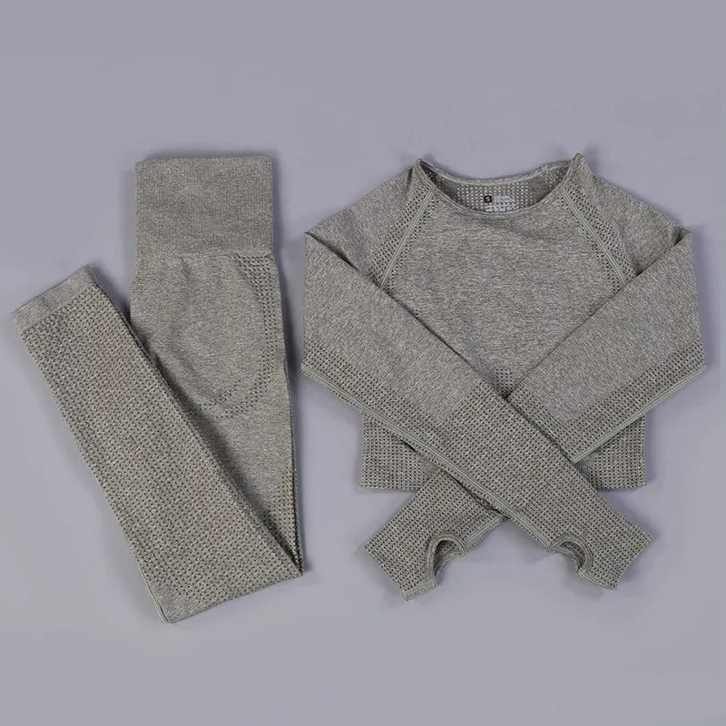 Conjunto de yoga sin costuras de leggings y top, mono de fitness, top de yoga de manga larga para mujer, ropa deportiva de gimnasio para mujer