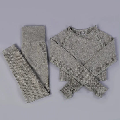 Conjunto de yoga sin costuras de leggings y top, mono de fitness, top de yoga de manga larga para mujer, ropa deportiva de gimnasio para mujer